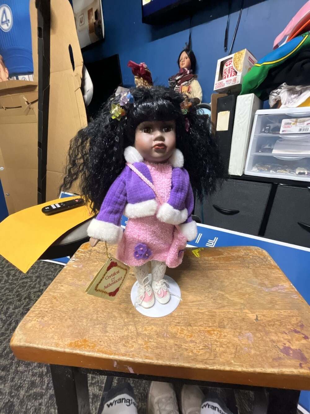 Collector's Choice Porcelain Doll with Purple Jacket and Pink Dress